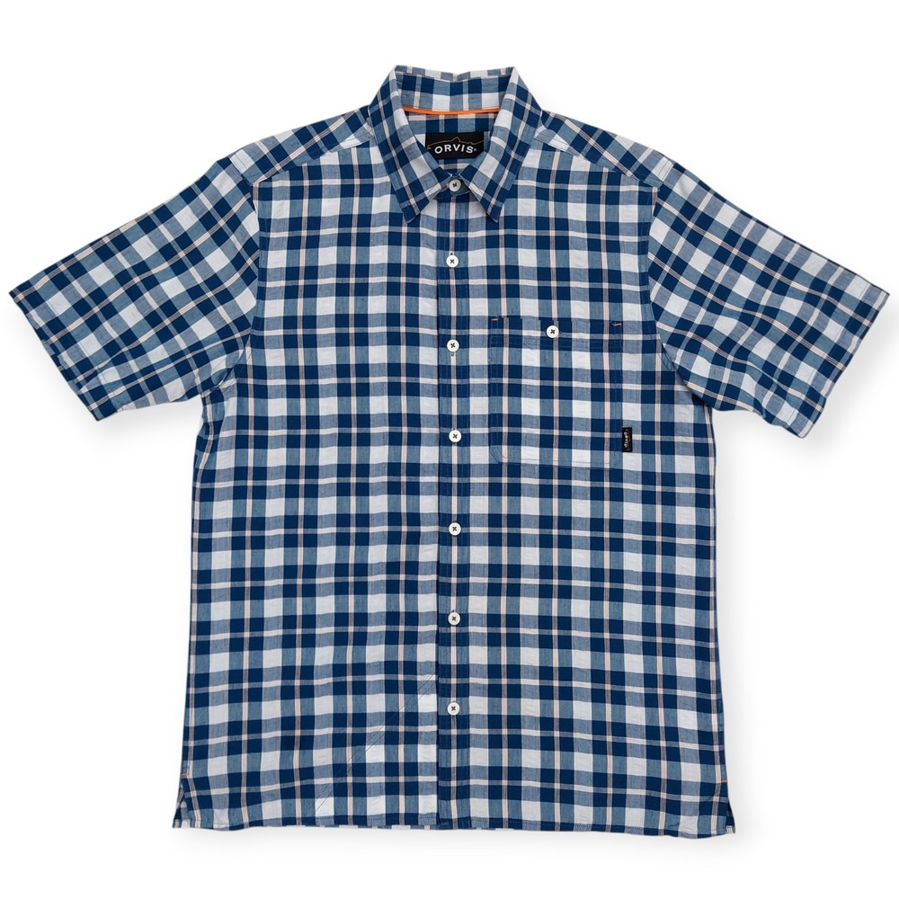Orvis River Guide 2.0 Shirt Mens M Seersucker Short Sleeve Linen Blend Blue